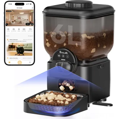 Alimentador automático ONI preto de 6 L com câmera na frente e tigela de inox